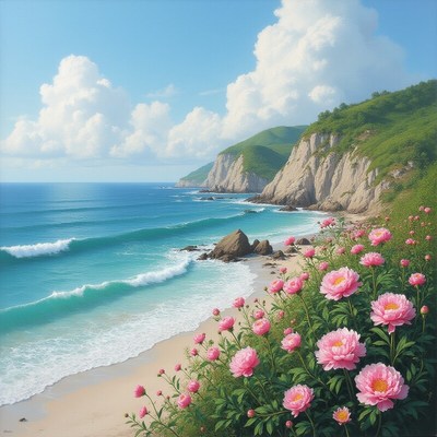 Coastal view with blooming flowers