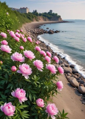 Peonies blooming by the shore