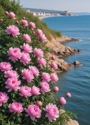 Peonies by the coastal shore