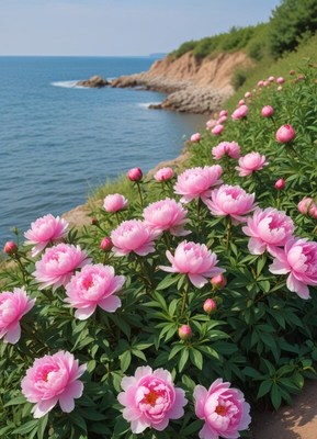 Pink peonies by the seaside