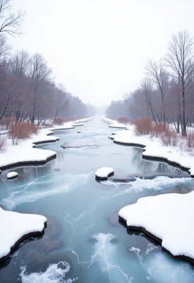 Winter river flowing through snowy landscape
