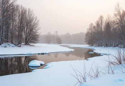 Tranquil winter landscape by the river