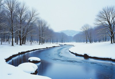 Winter river landscape with snow