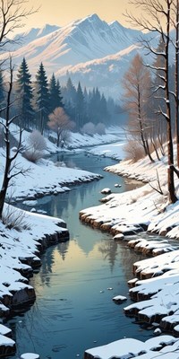 Snowy river flows through mountains