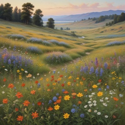 Vibrant wildflower field at sunset