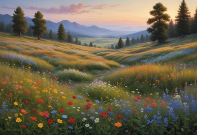 Colorful wildflower valley at sunset