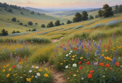 Colorful wildflower meadow at sunset