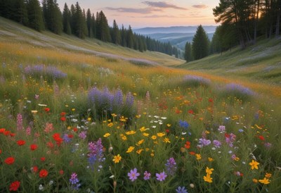 Vibrant wildflower meadow at dusk