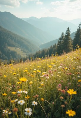 Scenic mountain meadow in springtime