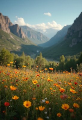 Vibrant wildflowers in mountain valley