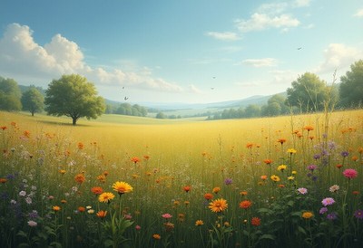 Vibrant wildflower field under blue sky