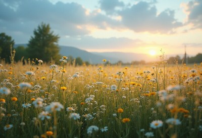 Sunset over blooming wildflowers