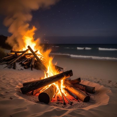 Beach bonfire at night
