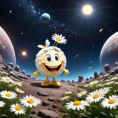 Cheerful character in a cosmic garden