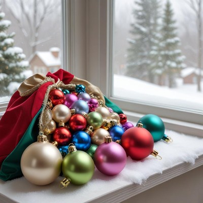 Colorful christmas ornaments on window sill