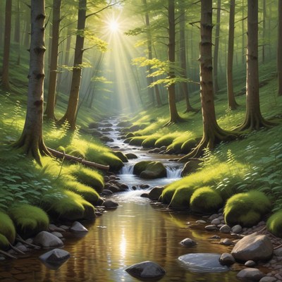 Sunlight through forest stream