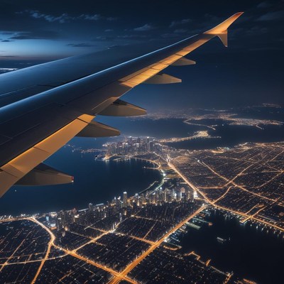 Night view from airplane wing