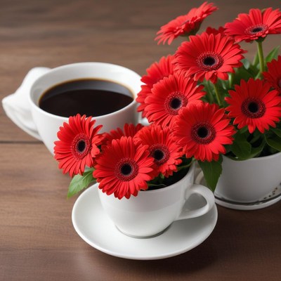 Red flowers and coffee on a wooden table