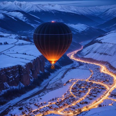 Hot air balloon over snowy valley