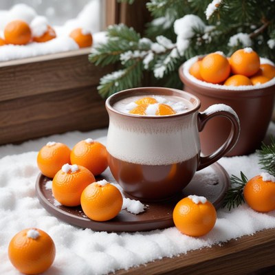 Warm drink and tangerines in winter