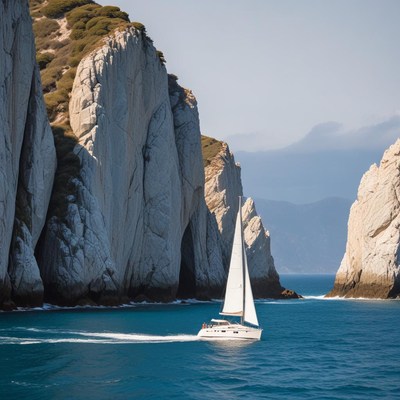 Sailing near dramatic cliffs in coastal waters