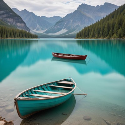 Serene lake with colorful boats