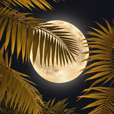 Bright moon over tropical leaves