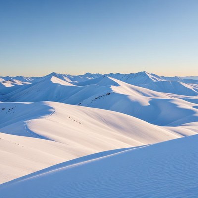 Snowy mountain landscape at sunrise