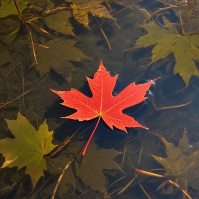 Vibrant red leaf floating on water