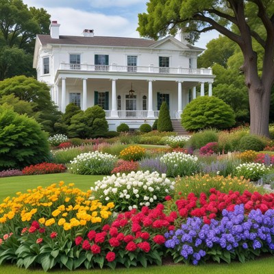Colorful garden with white house