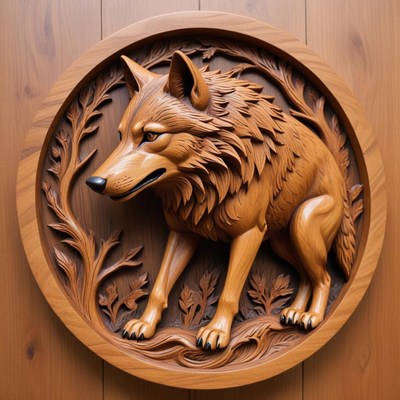 Wooden wolf carving on wall