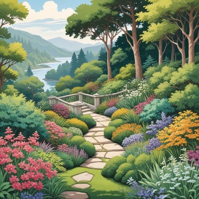 Serene garden path by the river