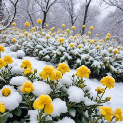 Yellow flowers covered in snow