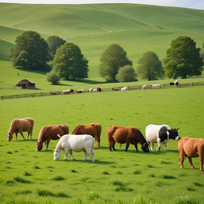 Cows grazing in lush green field