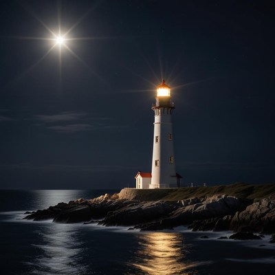 Nighttime lighthouse by the sea