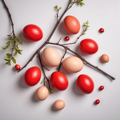 Colorful eggs arranged on branch