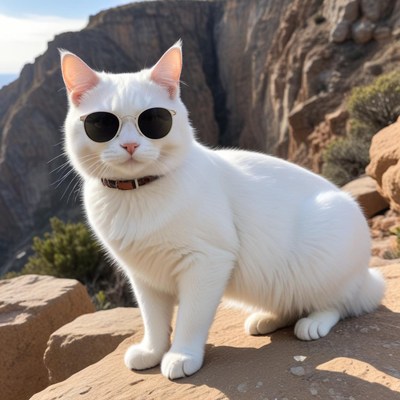 Cool white cat on rocky cliff