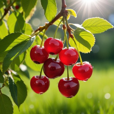 Fresh cherries on sunny branch