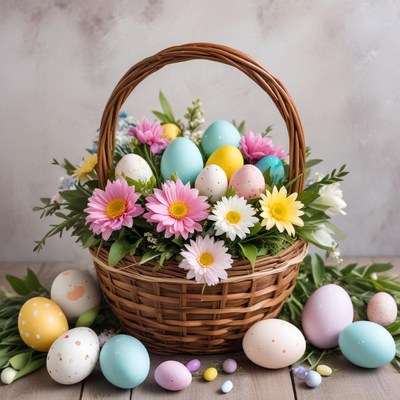 Colorful easter basket with flowers
