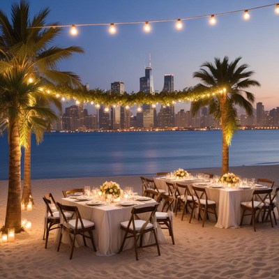 Beachfront dinner setup at sunset