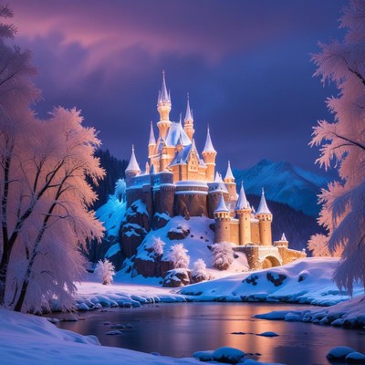 Winter castle under twilight sky