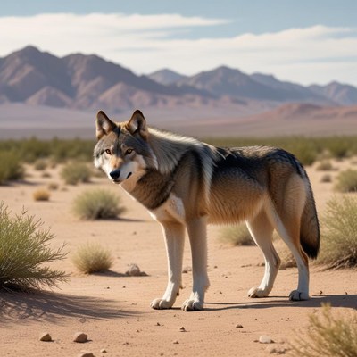 Wolf standing in desert landscape