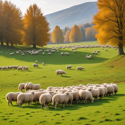 Sheep grazing in autumn pasture