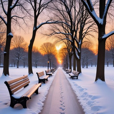 Snowy park at sunset with benches
