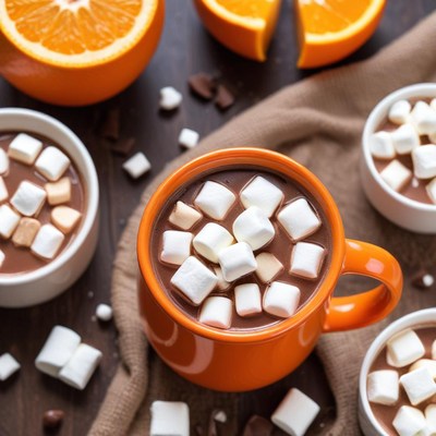 Warm cocoa with marshmallows and oranges
