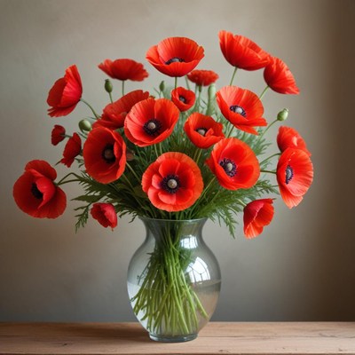 Vibrant red poppies in a glass vase