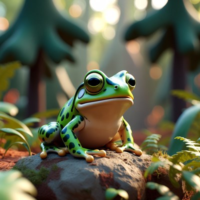 Green frog resting on rock in forest