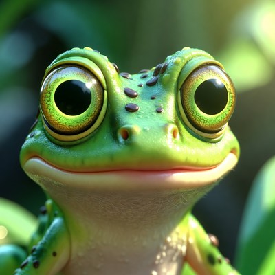 Curious green frog in nature