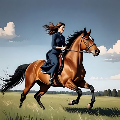 Woman riding horse in open field