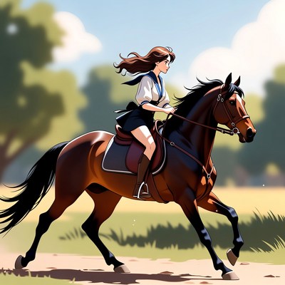 Girl riding horse in sunny field